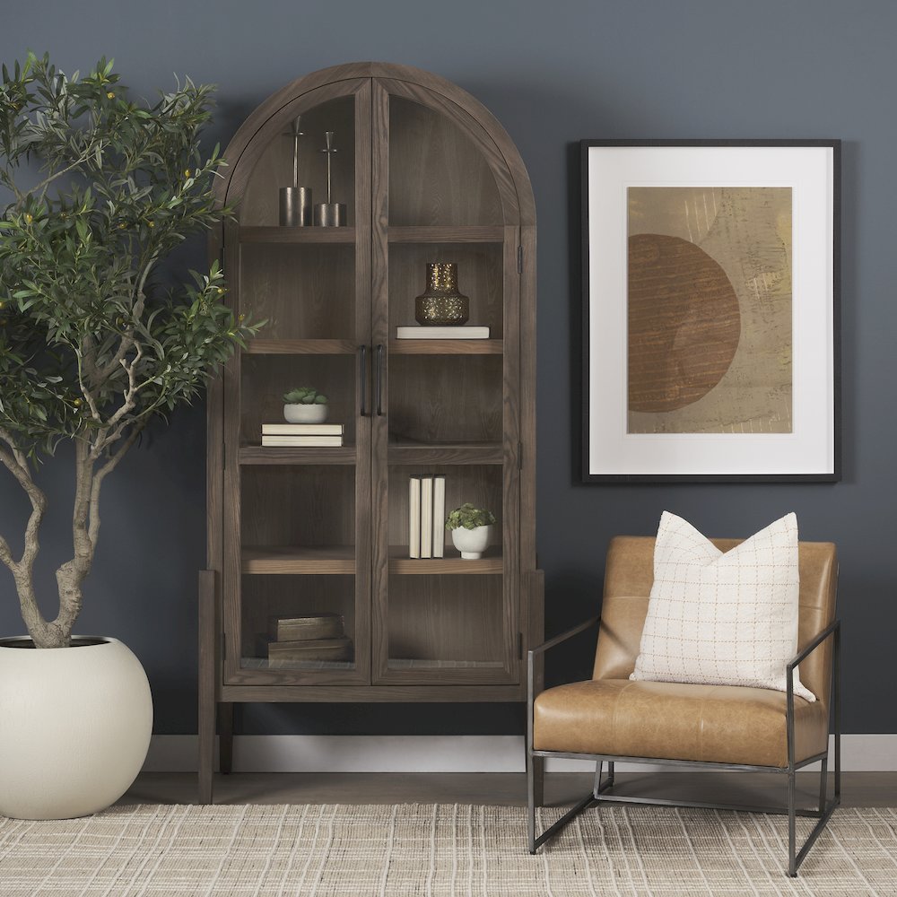 Gunmetal Genuine Brown Leather Upholstered Accent Chair