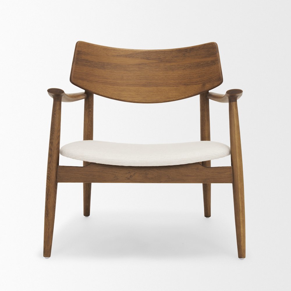 Medium Brown Oak Wood Cream Fabric Accent Chair