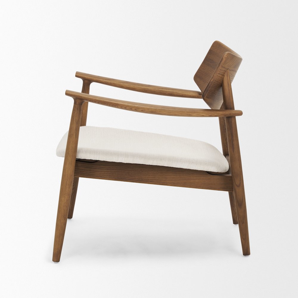 Medium Brown Oak Wood Cream Fabric Accent Chair