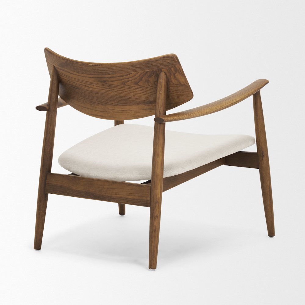 Medium Brown Oak Wood Cream Fabric Accent Chair