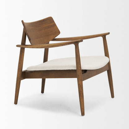 Medium Brown Oak Wood Cream Fabric Accent Chair
