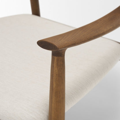 Medium Brown Oak Wood Cream Fabric Accent Chair