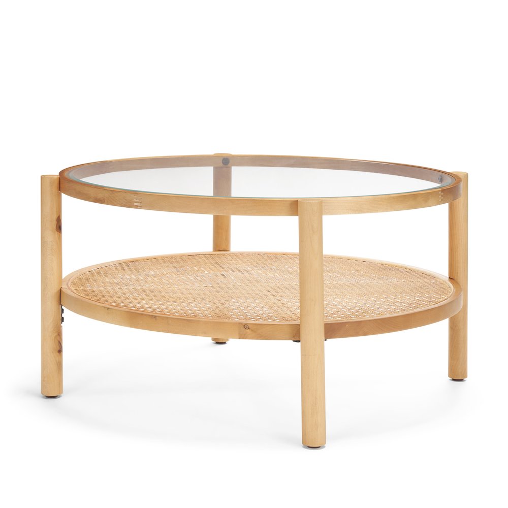 Solid Light Brown Wood And Glass Top Cane Coffee Table