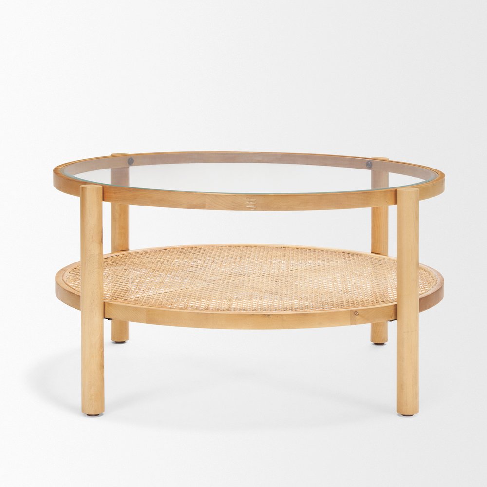 Solid Light Brown Wood And Glass Top Cane Coffee Table