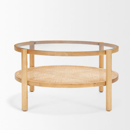 Solid Light Brown Wood And Glass Top Cane Coffee Table