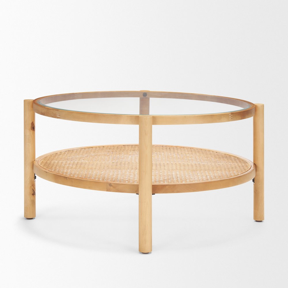 Solid Light Brown Wood And Glass Top Cane Coffee Table