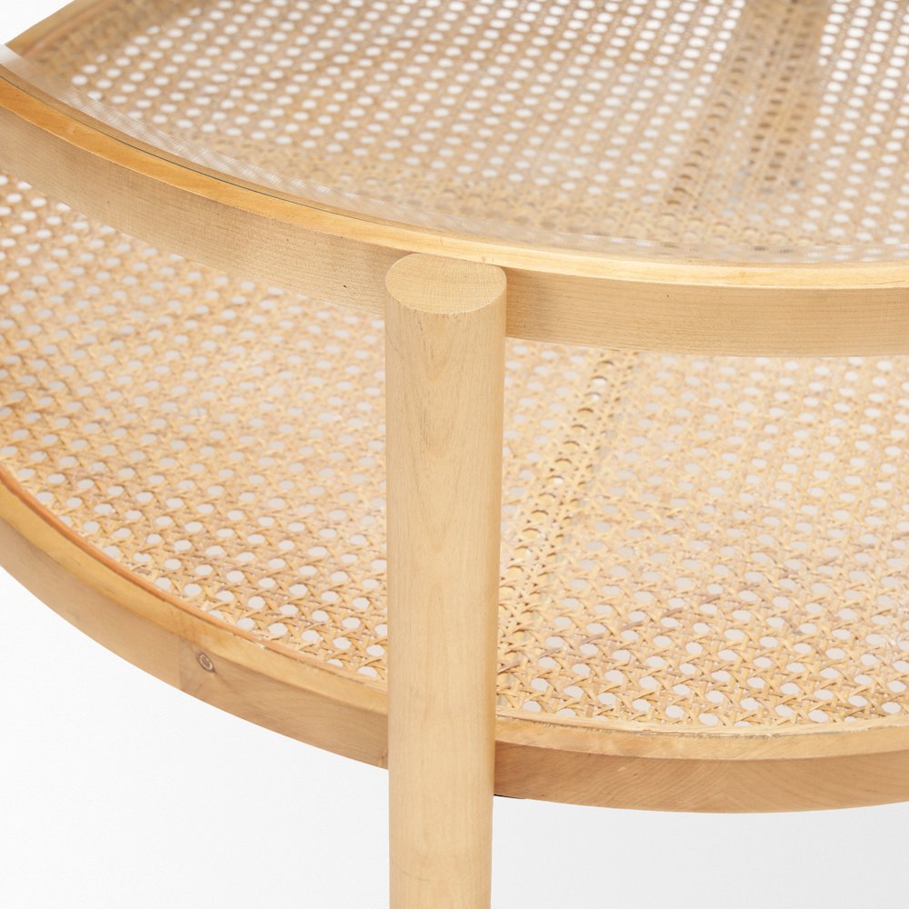 Solid Light Brown Wood And Glass Top Cane Coffee Table
