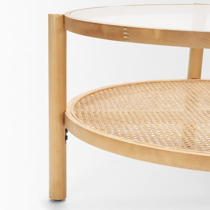 Solid Light Brown Wood And Glass Top Cane Coffee Table