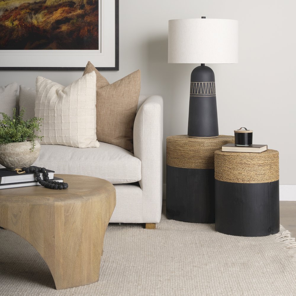 Matte Black Wood Natural Jute Accent Tables