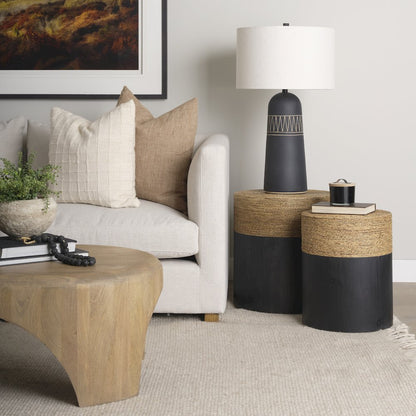 Matte Black Wood Natural Jute Accent Tables