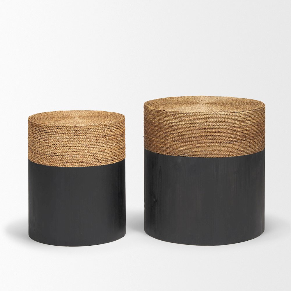 Matte Black Wood Natural Jute Accent Tables