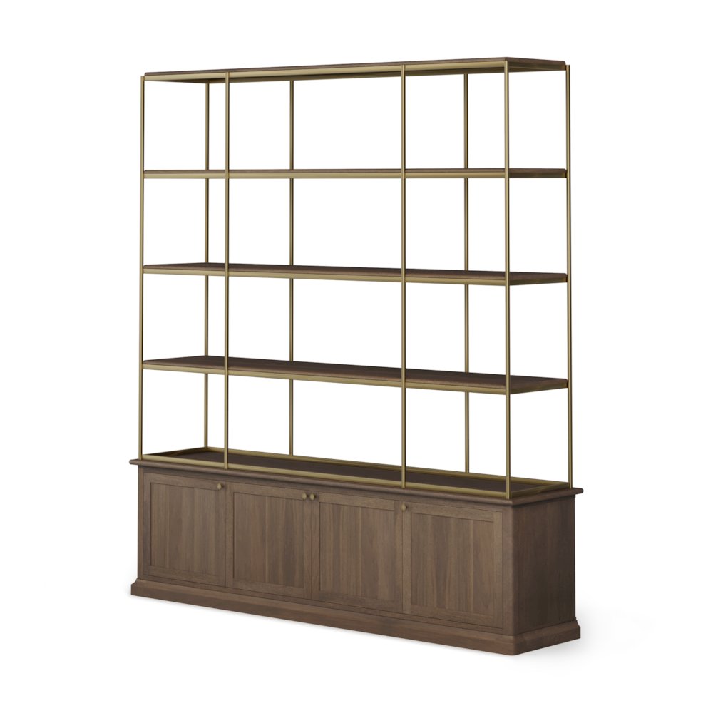 Dark Brown Wood Antique Brass Metal Three Shelf Shelving Unit