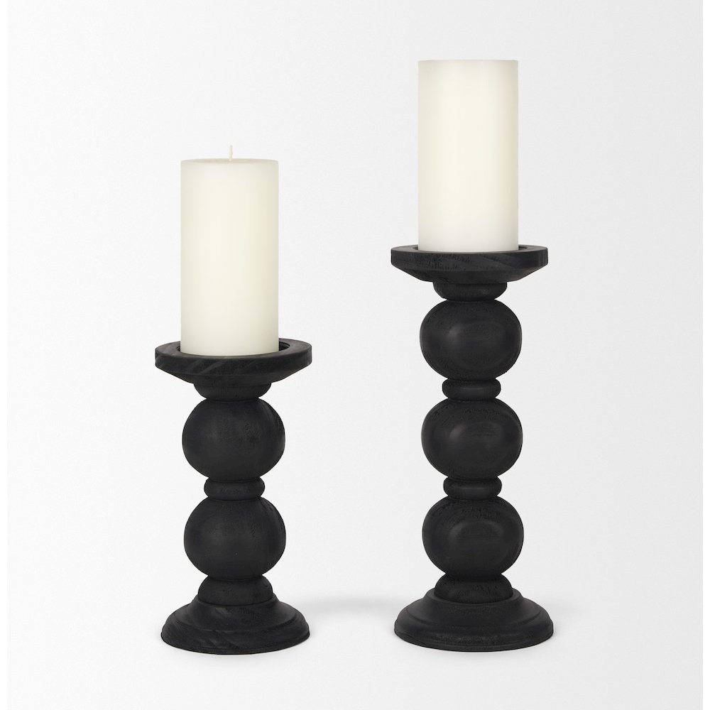 Wanda Matte Black Wood Pillar Candle Holders (Set of 2)