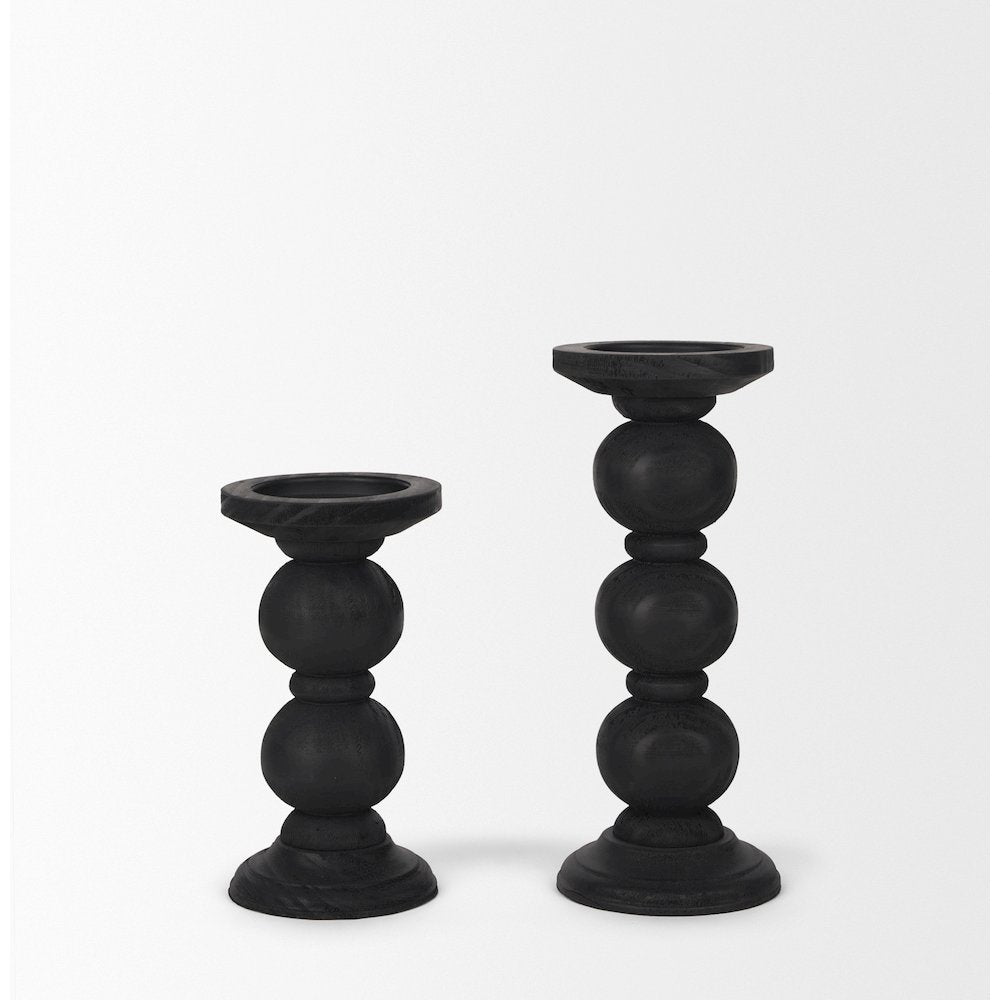 Wanda Matte Black Wood Pillar Candle Holders (Set of 2)