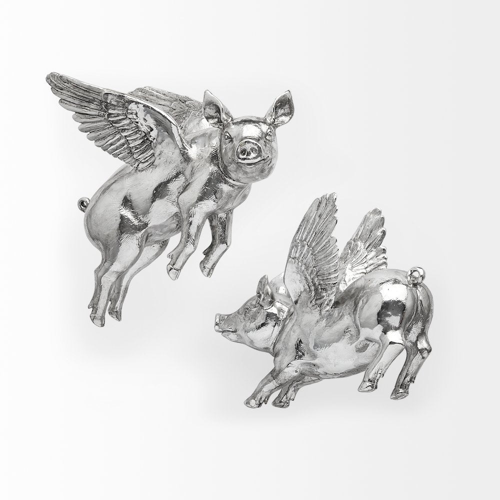 Hogbadi Set of 2 Silver Flying Pigs