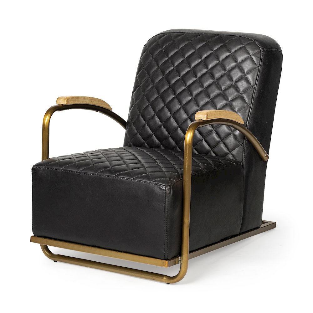 Horace I Black Leather Diamond Pattern w/Gold Iron Frame Accent Chair