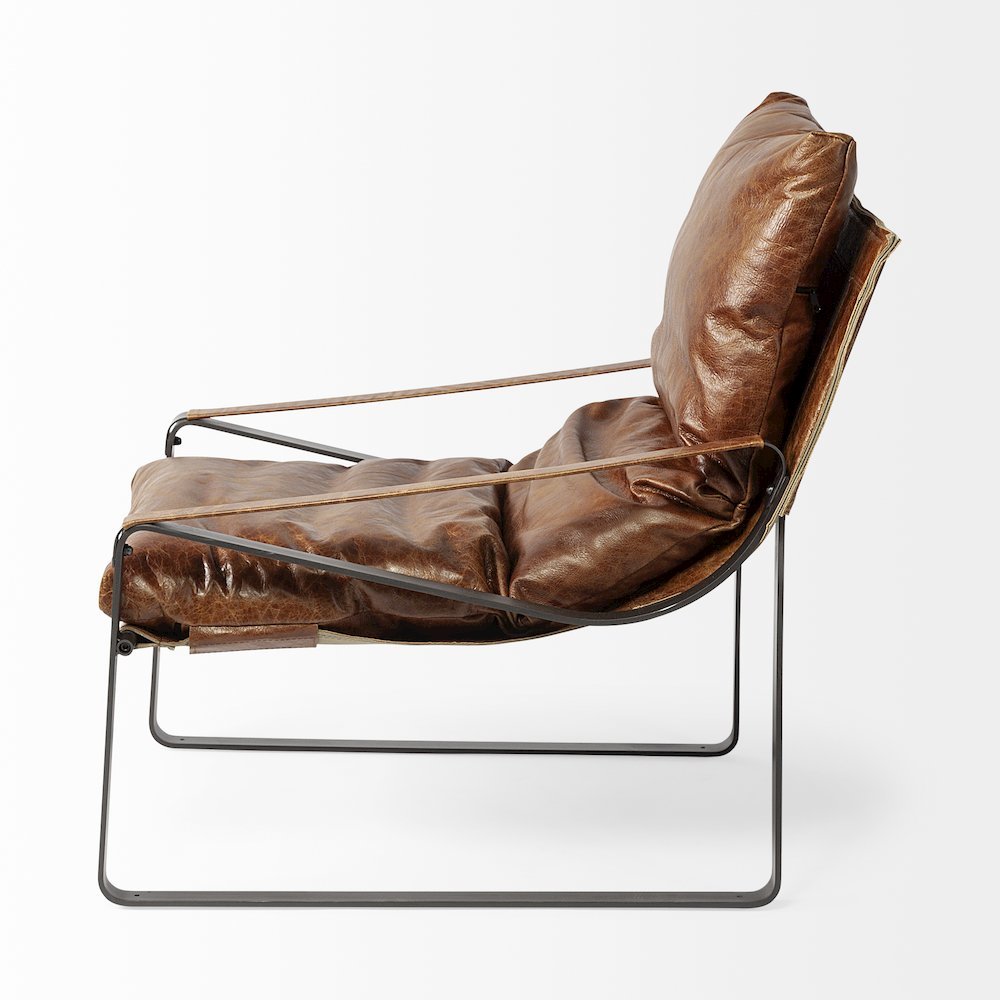 Brown Leather Unibody Seat w/ Black Metal Frame Accent Chair