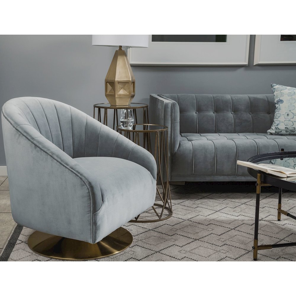 James II Gray Blue Velvet Covered Seat w Gold Swivel Base Accent Chair