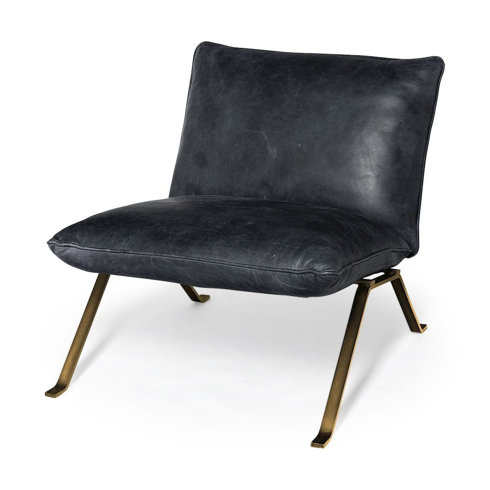 Flavelle II Black Leather Cushion Seat and Solid Iron Base Accent Chair