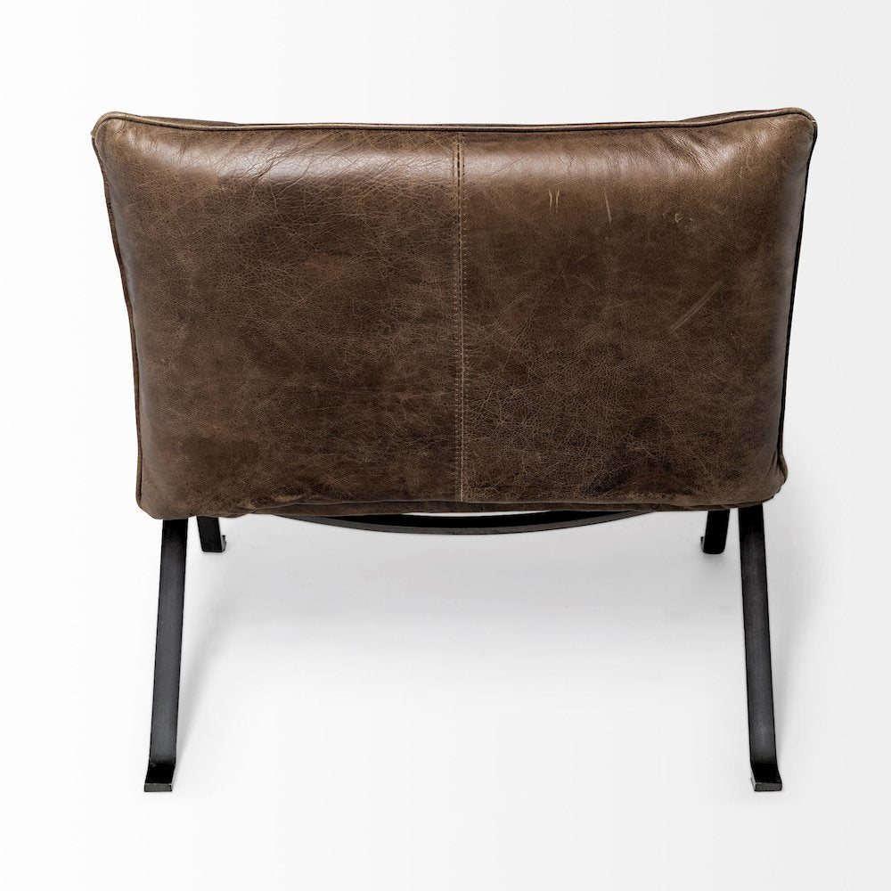 Flavelle I Brown Leather Cushion Seat and Solid Iron Base Accent Chair