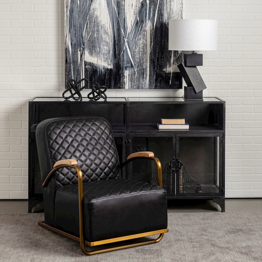 Horace I Black Leather Diamond Pattern w/Gold Iron Frame Accent Chair