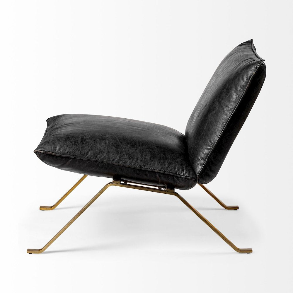 Flavelle II Black Leather Cushion Seat and Solid Iron Base Accent Chair
