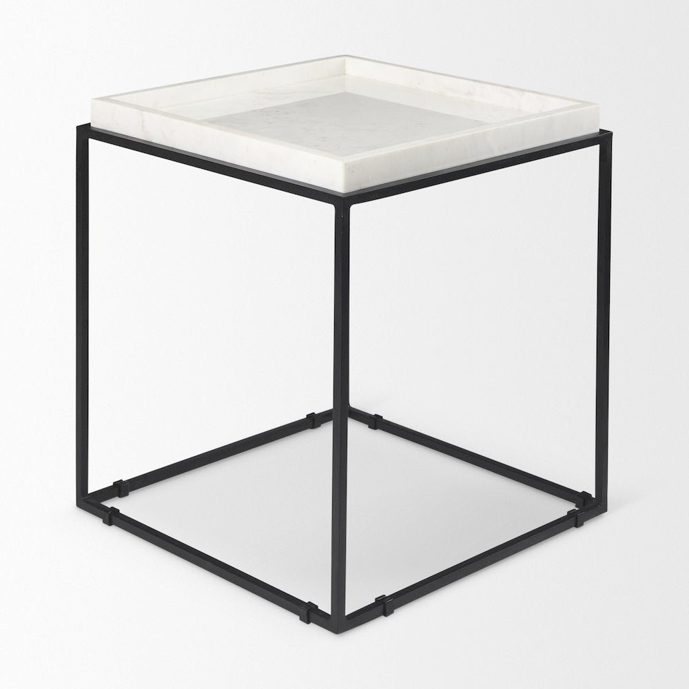 Nathan II 18" x 20" Square Top White Marble and Black Metal End/Side Table