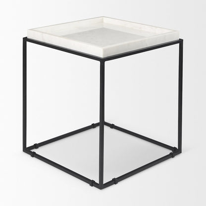 Nathan II 18" x 20" Square Top White Marble and Black Metal End/Side Table