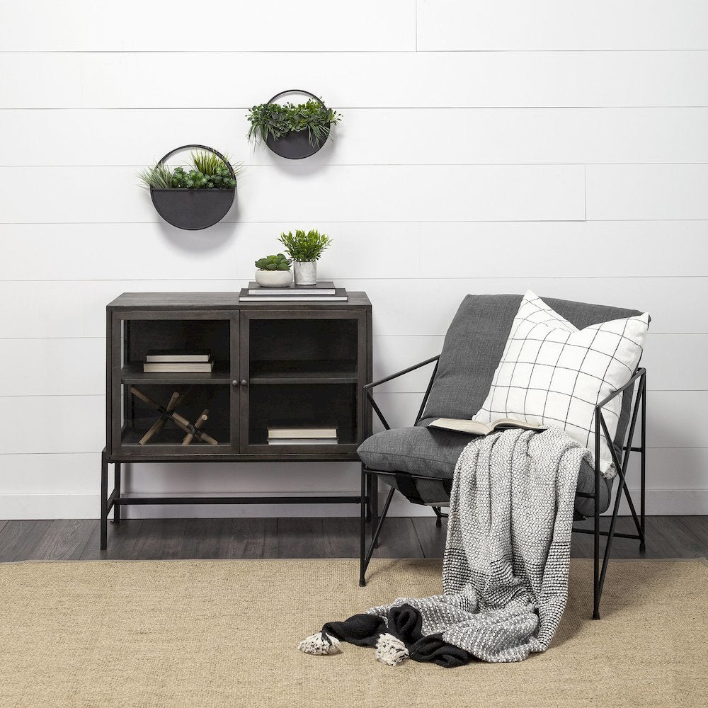 Leonidas 28.5L x 29.5W x 34.0H  Grey Fabric Wrap Black Metal Frame Accent Chair