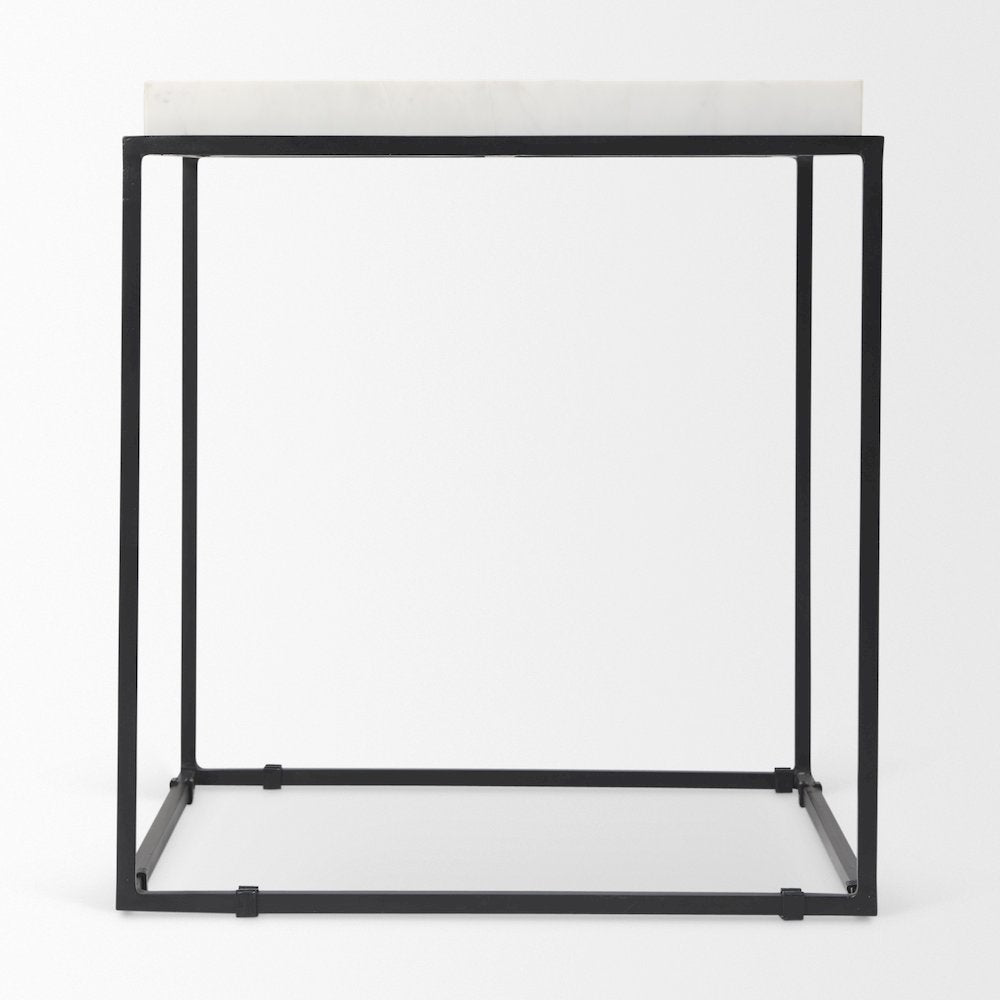 Nathan II 18" x 20" Square Top White Marble and Black Metal End/Side Table