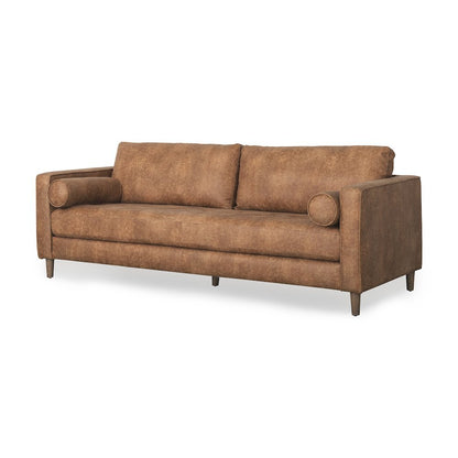 Cognac Brown Faux Leather Three Seater Sofa with Two Bolster Cushions
