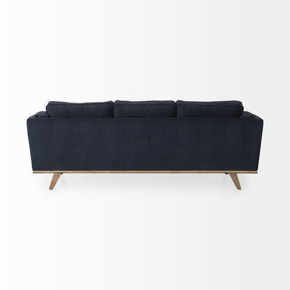 Navy Blue Fabric Three Seater Sofa W/ Medium Brown Wooden Legs