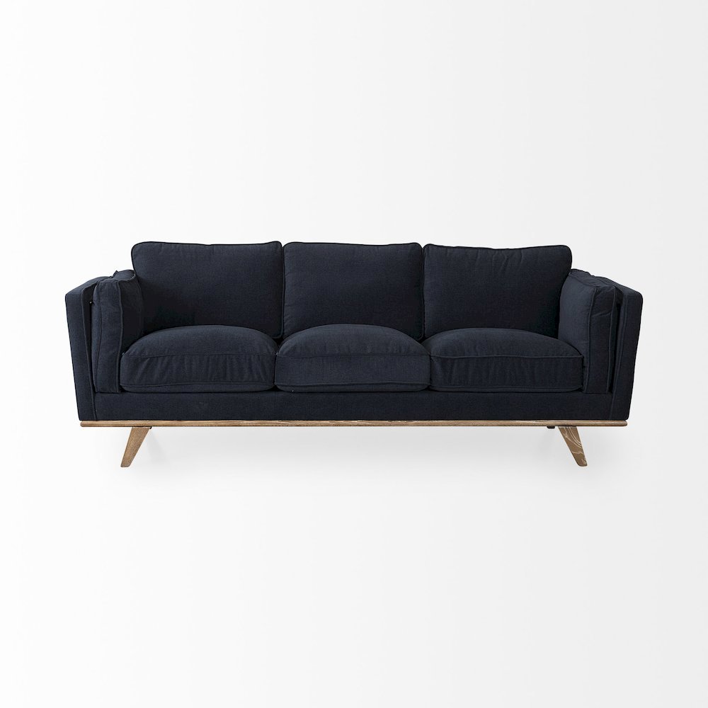 Navy Blue Fabric Three Seater Sofa W/ Medium Brown Wooden Legs