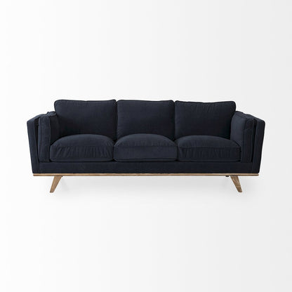 Navy Blue Fabric Three Seater Sofa W/ Medium Brown Wooden Legs