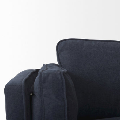 Navy Blue Fabric Three Seater Sofa W/ Medium Brown Wooden Legs