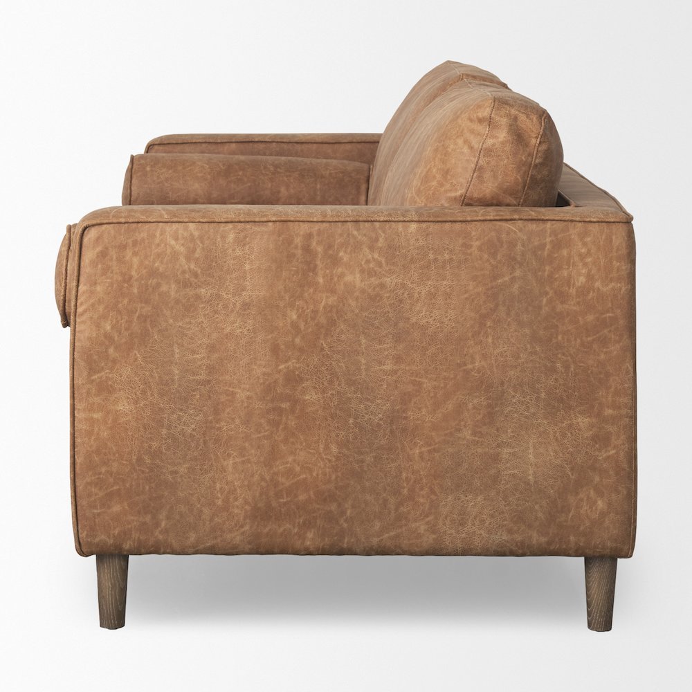 Cognac Brown Faux Leather Three Seater Sofa with Two Bolster Cushions