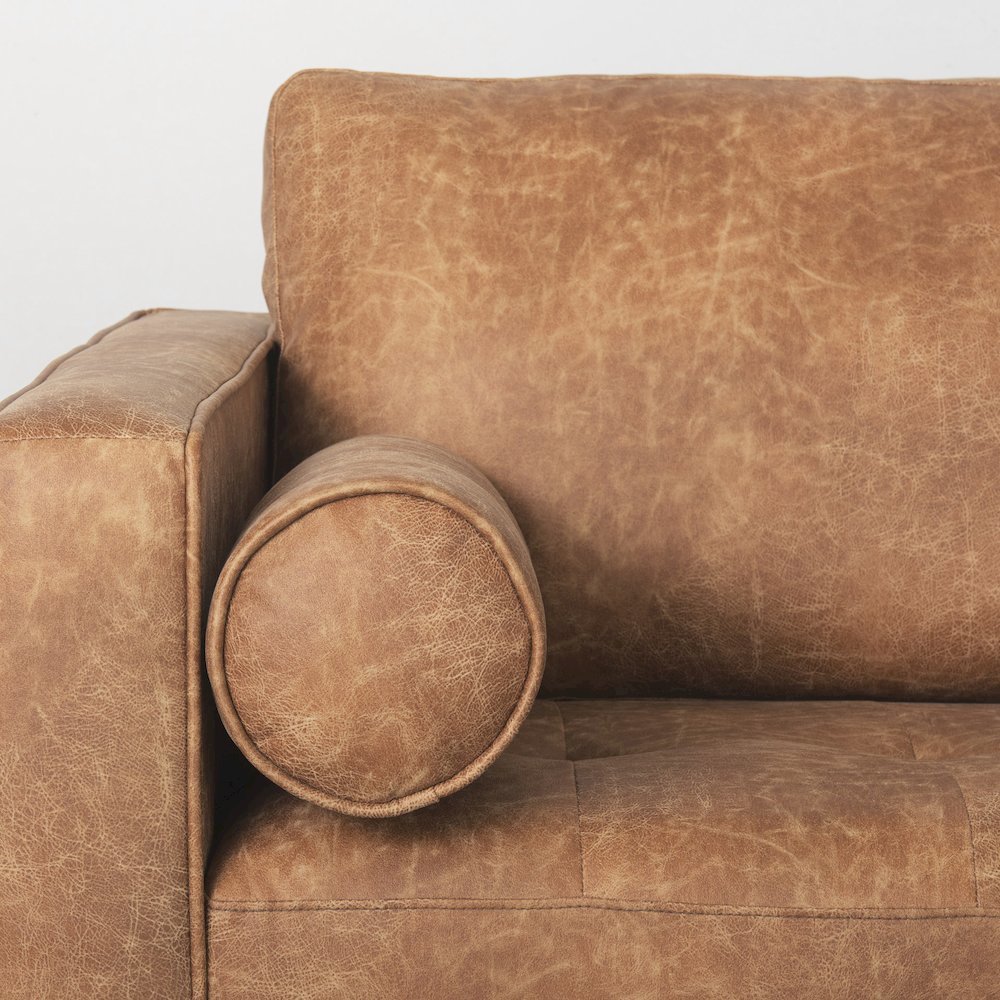 Cognac Brown Faux Leather Three Seater Sofa with Two Bolster Cushions