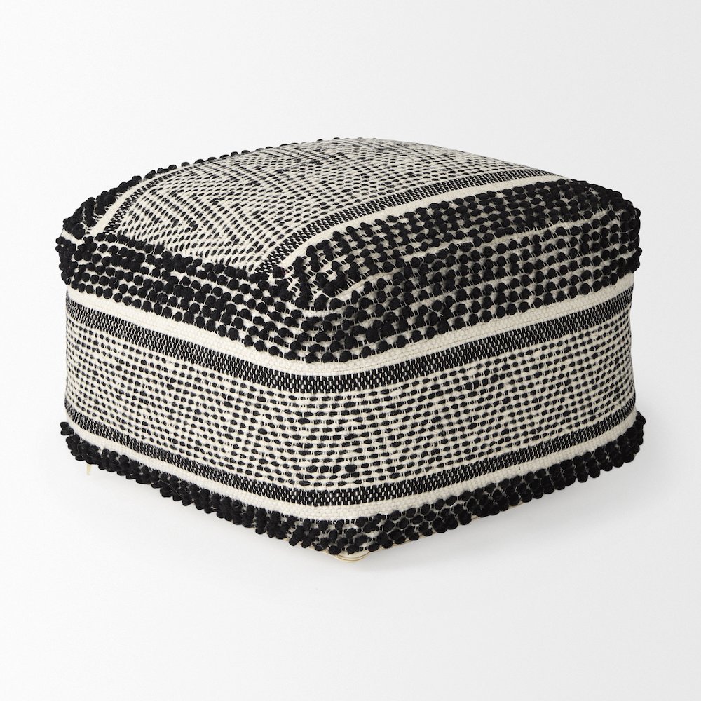 Garima  22.0L x 22.0W x 14.0H Black/White Wool and Cotton Patterned Pouf