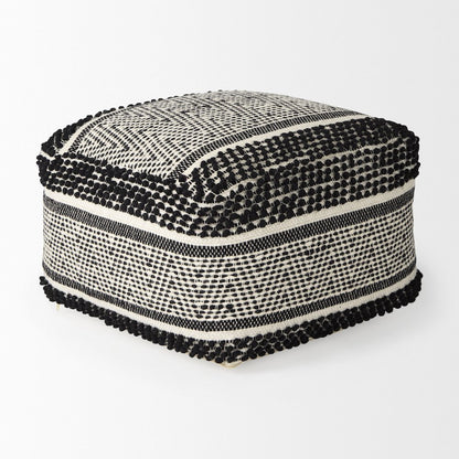 Garima  22.0L x 22.0W x 14.0H Black/White Wool and Cotton Patterned Pouf