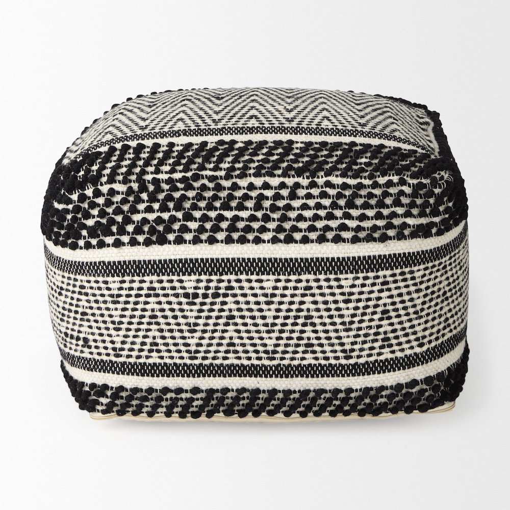 Garima  22.0L x 22.0W x 14.0H Black/White Wool and Cotton Patterned Pouf