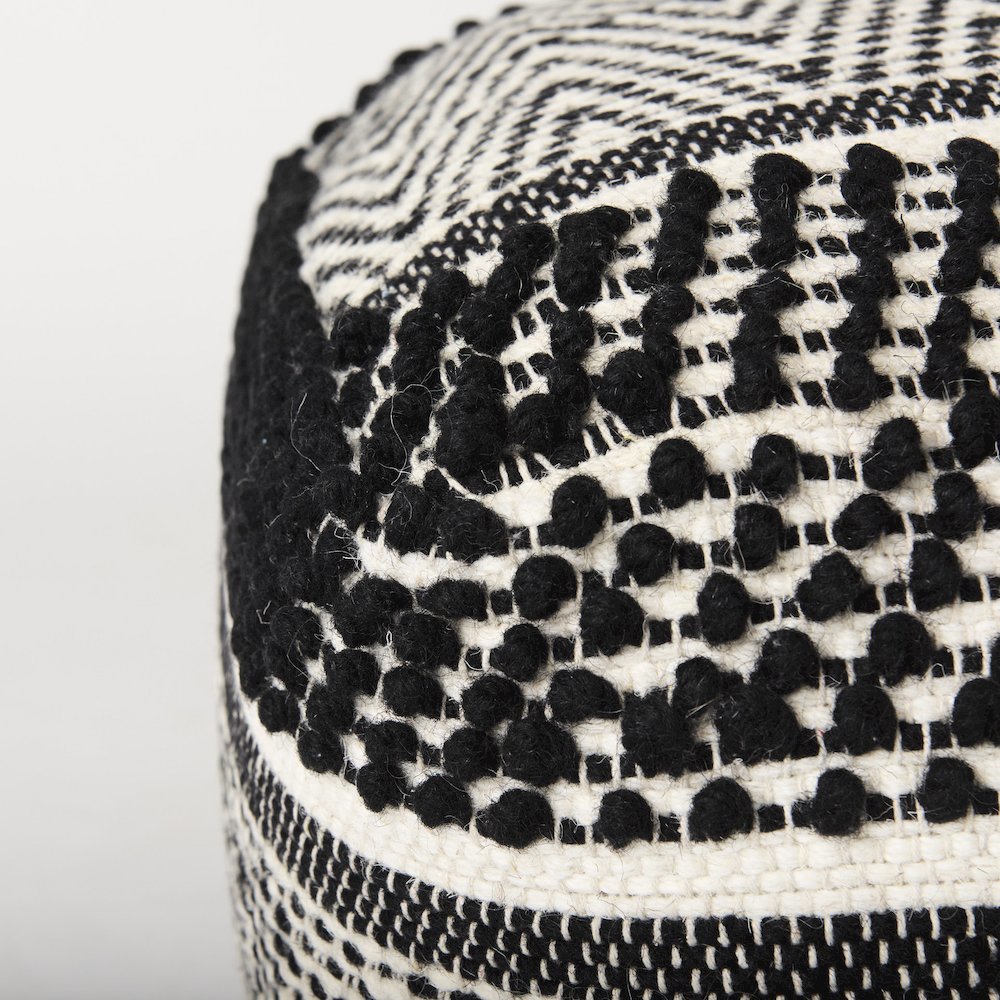 Garima  22.0L x 22.0W x 14.0H Black/White Wool and Cotton Patterned Pouf