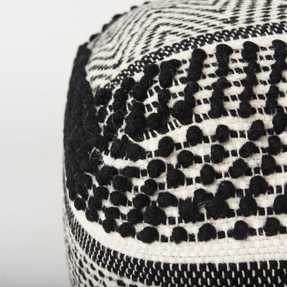 Garima  22.0L x 22.0W x 14.0H Black/White Wool and Cotton Patterned Pouf
