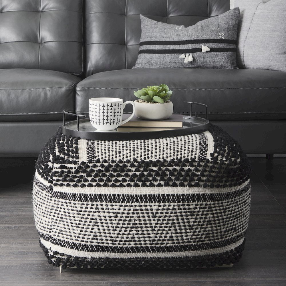 Garima  22.0L x 22.0W x 14.0H Black/White Wool and Cotton Patterned Pouf