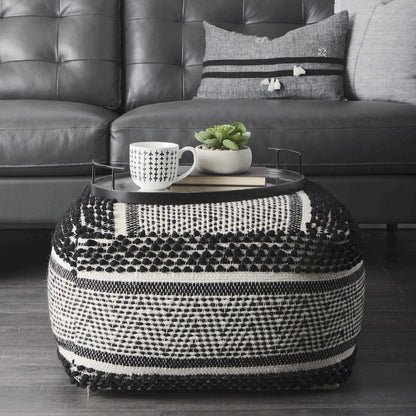 Garima  22.0L x 22.0W x 14.0H Black/White Wool and Cotton Patterned Pouf