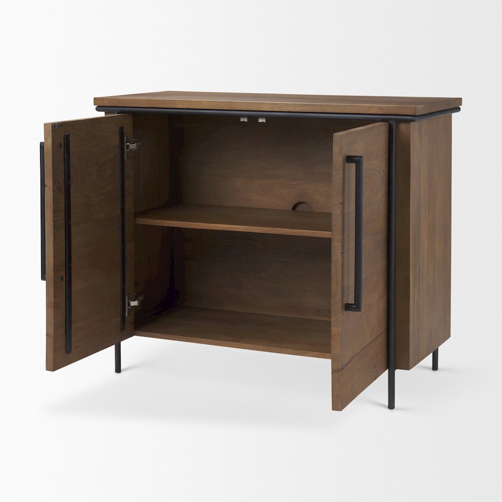 Brown Solid Wood Black Metal 2 Door Accent Cabinet