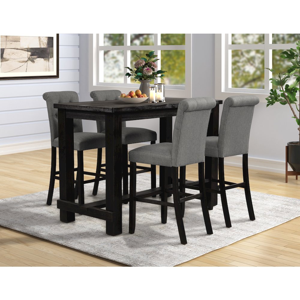 Leviton Antique Black Finished Wood 5-Pc Pub Set, Table with 4 Barstools, Gray