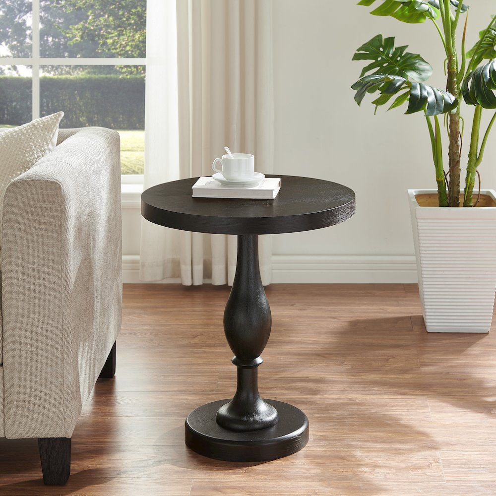 Solmere 22" Round Wood Pedestal End Table, Black