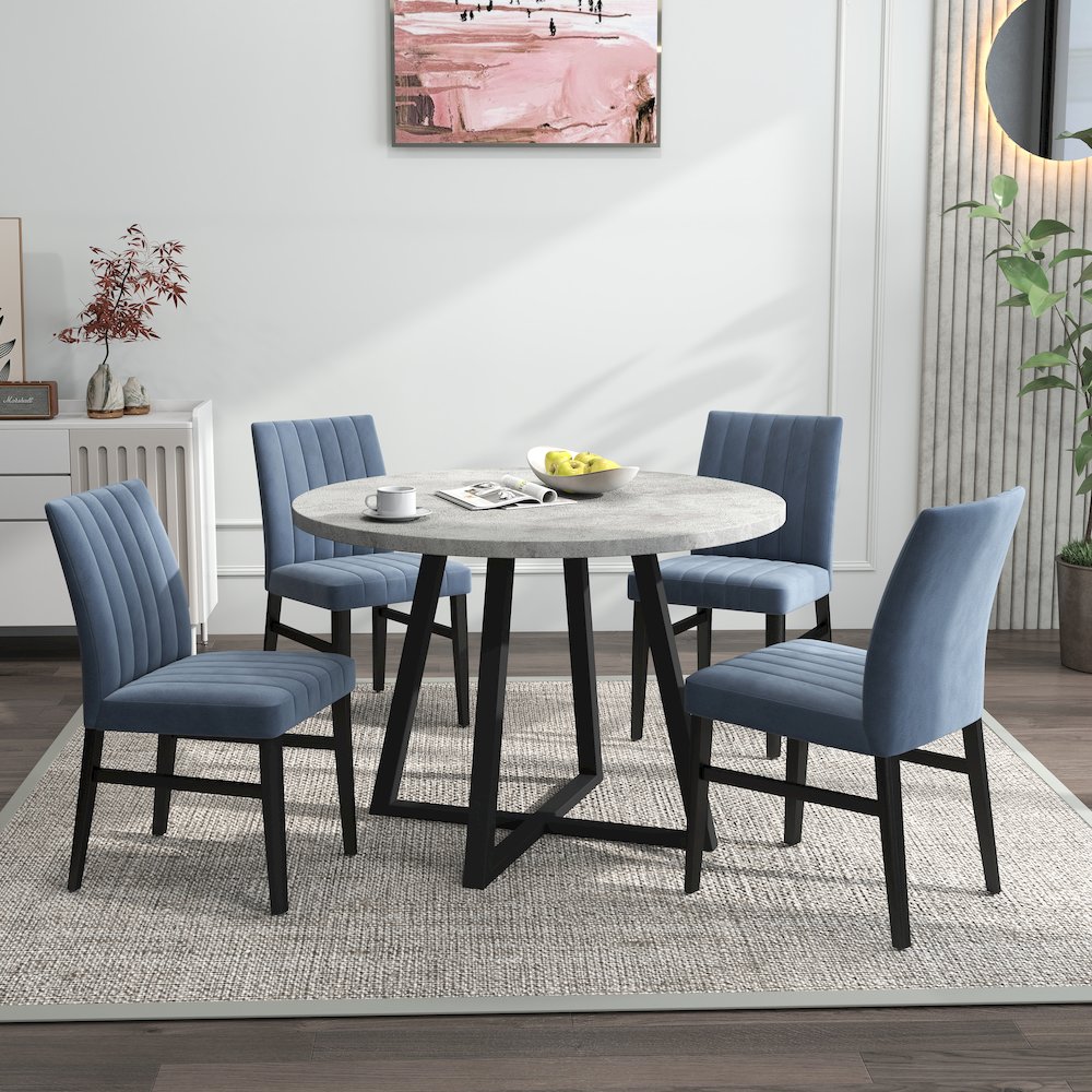 Edo 5-Piece Dining Set, Round Trestle Table and 4 Chairs, Gray and Blue