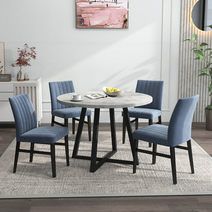 Edo 5-Piece Dining Set, Round Trestle Table and 4 Chairs, Gray and Blue