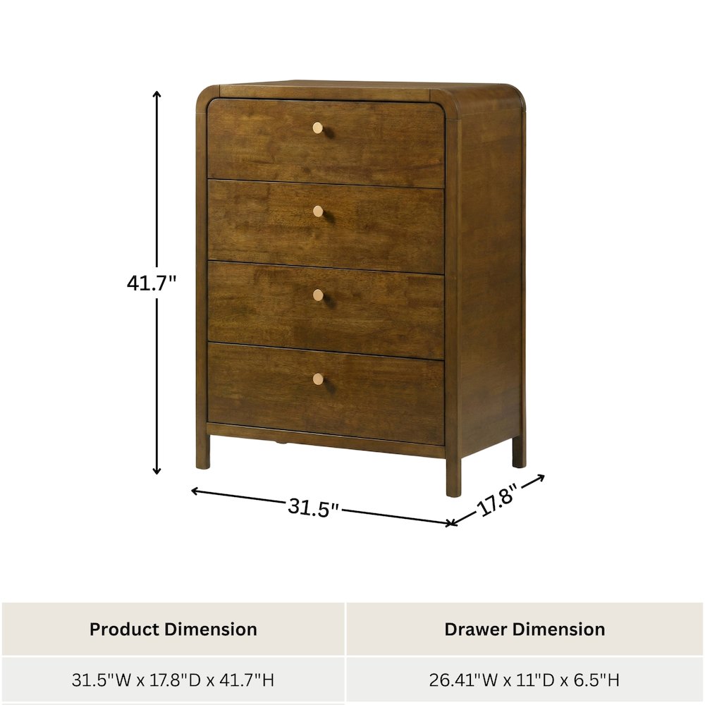 Eldren 4-Drawer Wood Chest with Solid Rubberwood Frame, Walnut Finish